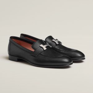 Hermes Paris Loafer Women Goatskin Sliver Buckle Noir H201199Z 01340