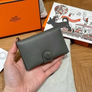 Hermes R.M.S. Card Holder Handmade In Evecolor Calfskin Leather Enamel Fittings Hardware 0L Gris Meyer - Image 13
