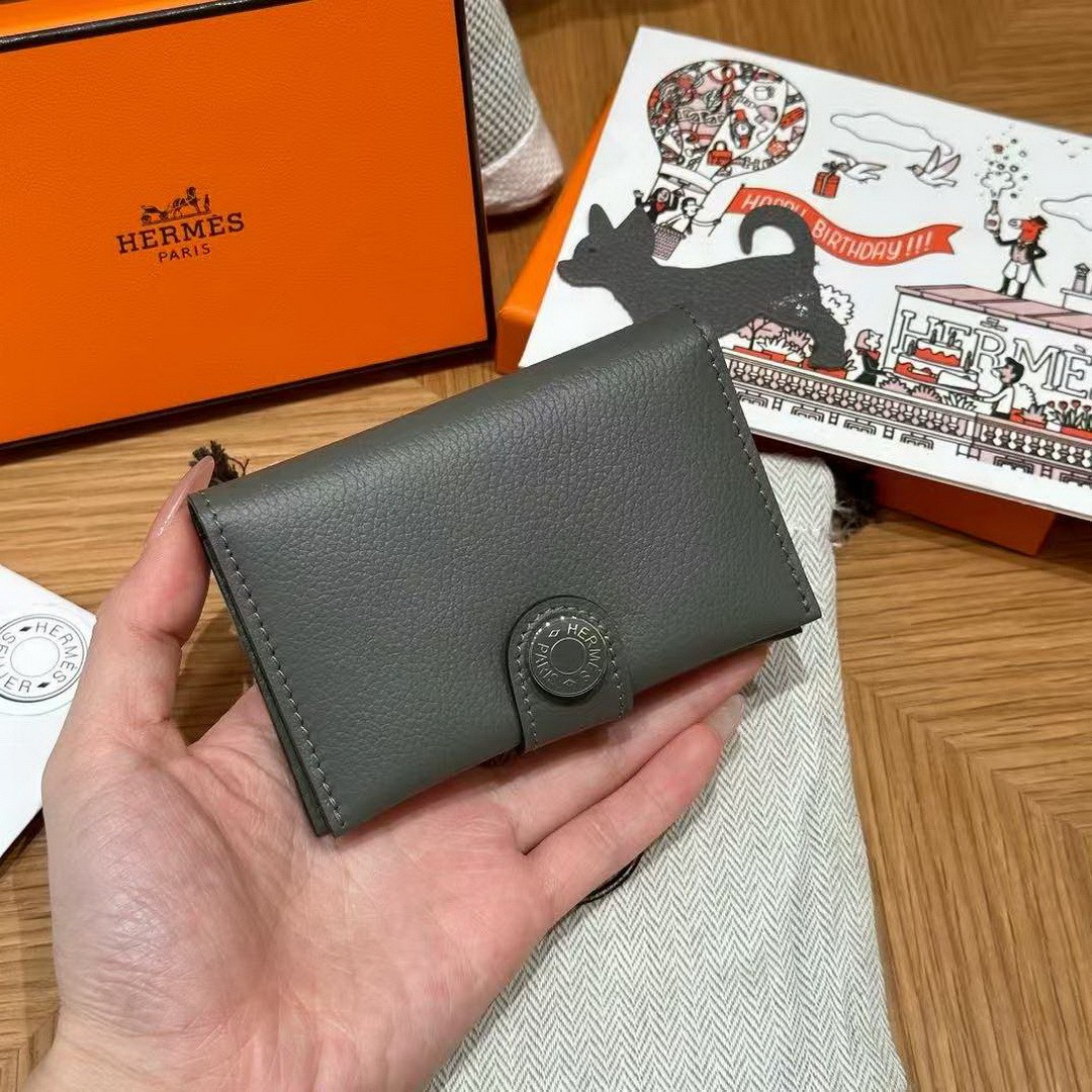 Hermes R.M.S. Card Holder Handmade In Evecolor Calfskin Leather Enamel Fittings Hardware 0L Gris Meyer - Image 13