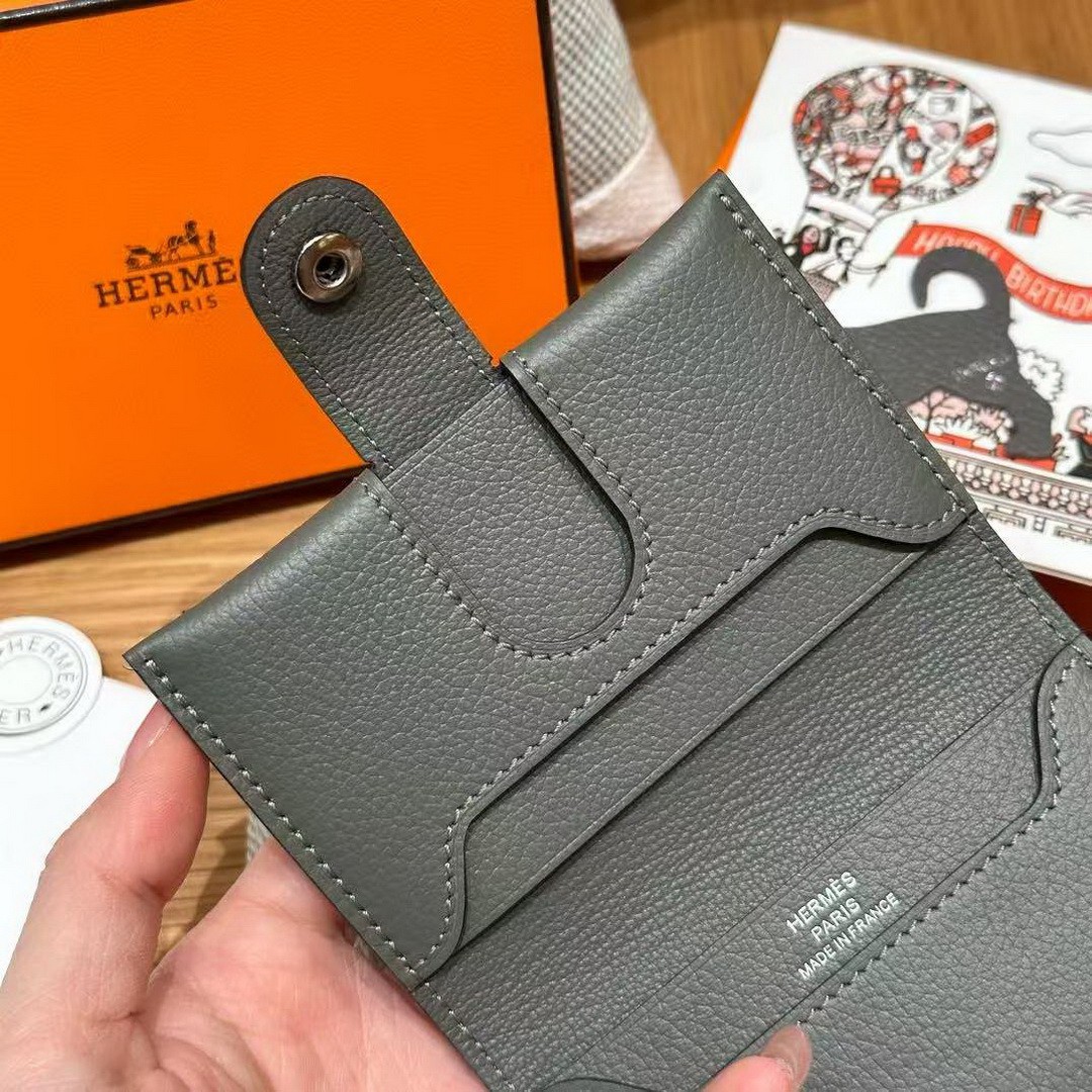Hermes R.M.S. Card Holder Handmade In Evecolor Calfskin Leather Enamel Fittings Hardware 0L Gris Meyer - Image 9