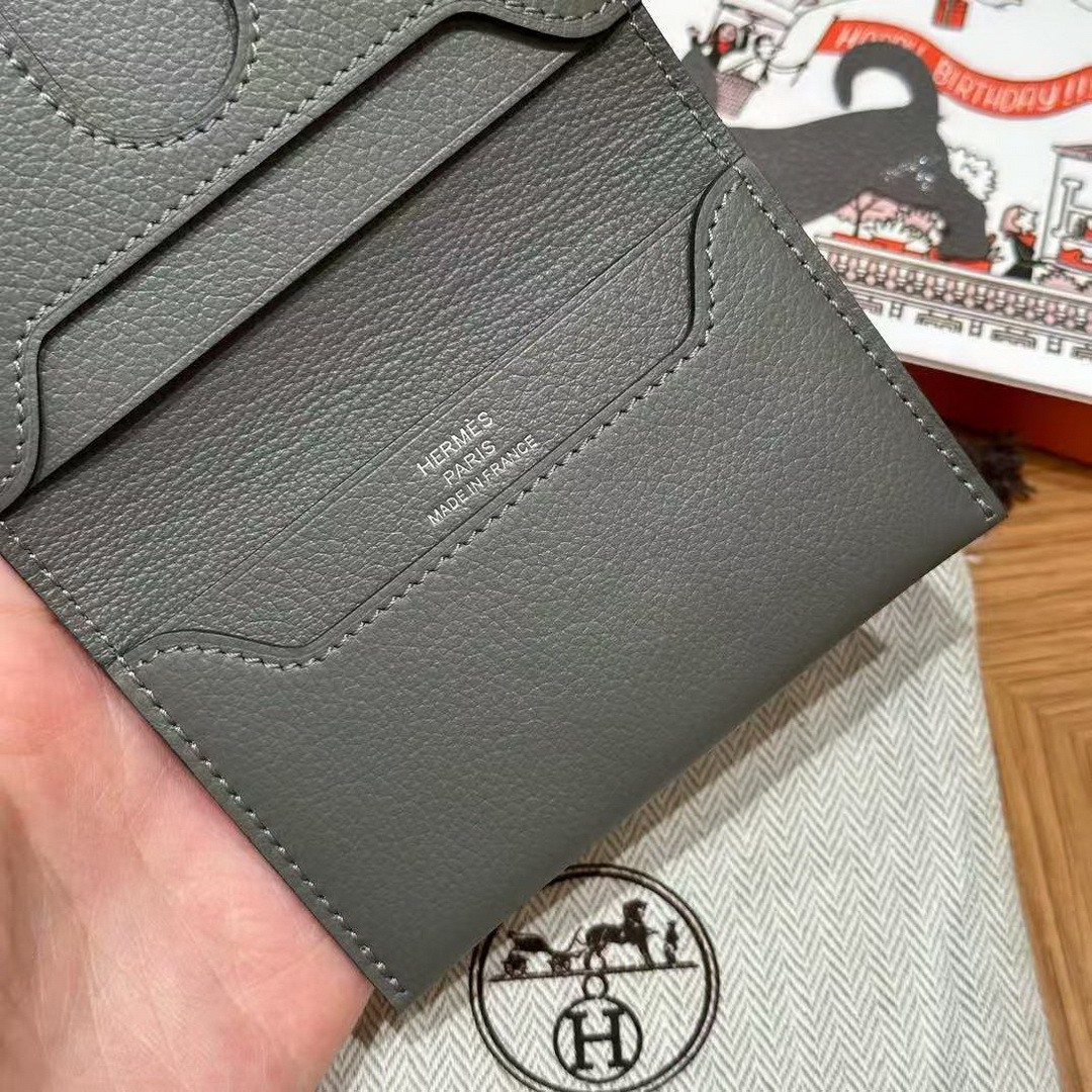 Hermes R.M.S. Card Holder Handmade In Evecolor Calfskin Leather Enamel Fittings Hardware 0L Gris Meyer - Image 8