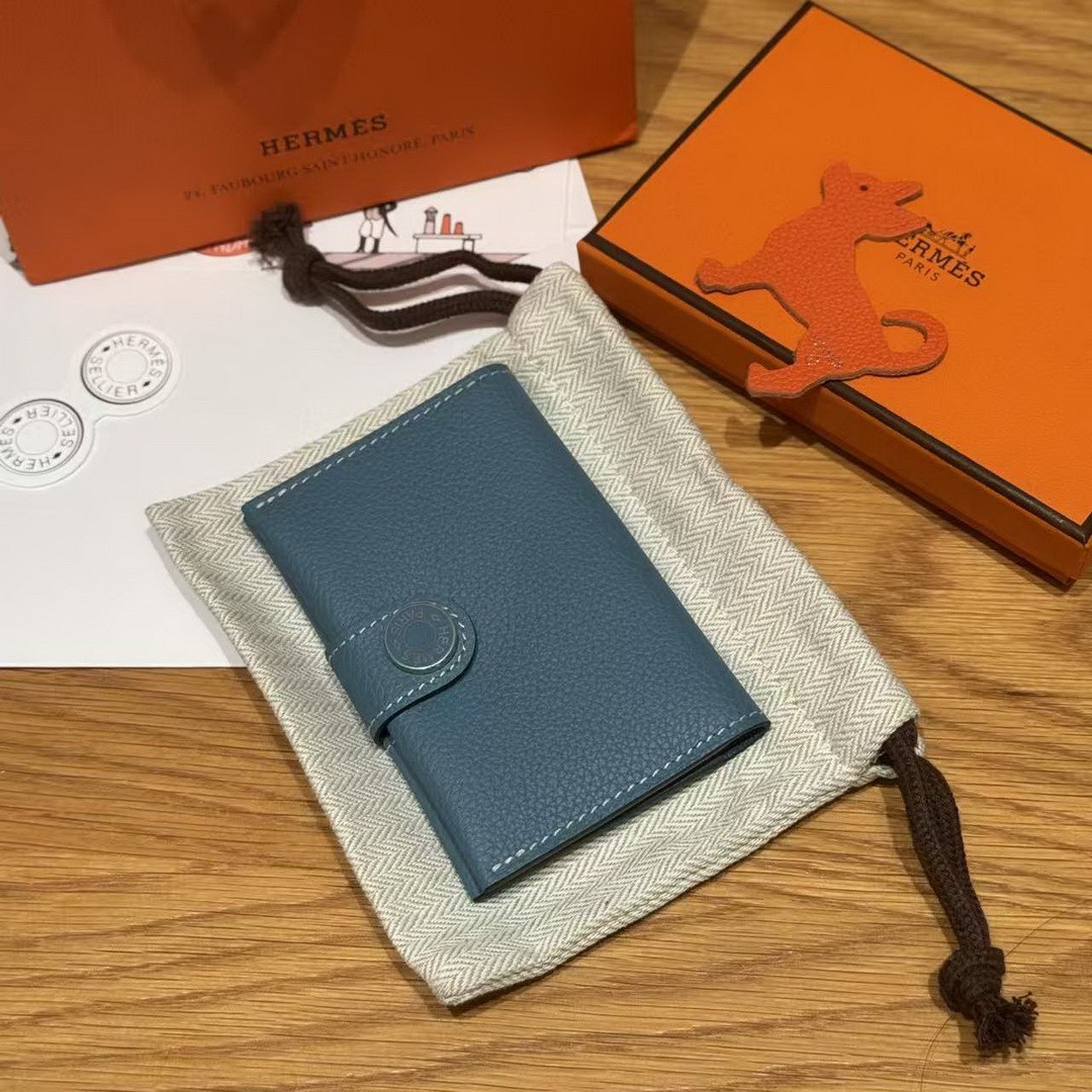 Hermes R.M.S. Card Holder Handmade In Evecolor Calfskin Leather Enamel Fittings Hardware 75 Bleu Jean - Image 8