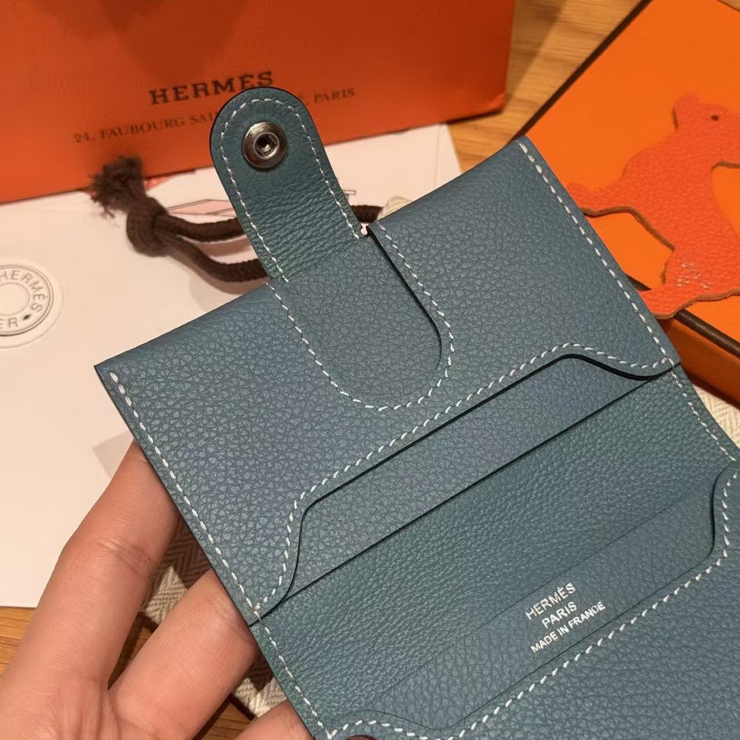 Hermes R.M.S. Card Holder Handmade In Evecolor Calfskin Leather Enamel Fittings Hardware 75 Bleu Jean - Image 7