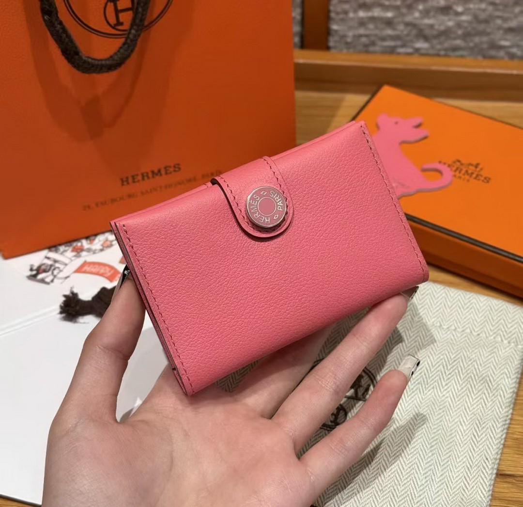 Hermes R.M.S. Card Holder Handmade In Evecolor Calfskin Leather Enamel Fittings Hardware U5 Rose Lipstick