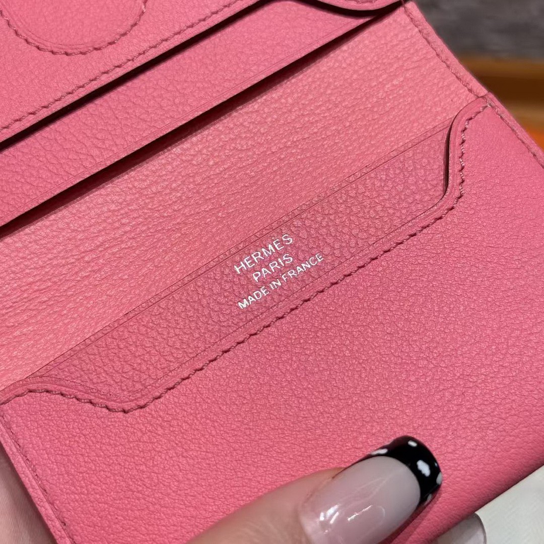 Hermes R.M.S. Card Holder Handmade In Evecolor Calfskin Leather Enamel Fittings Hardware U5 Rose Lipstick - Image 11