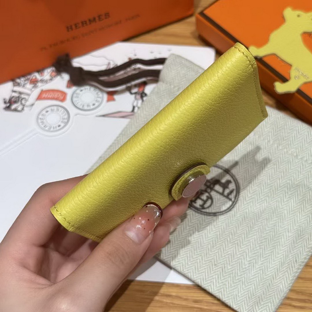 Hermes R.M.S. Card Holder Handmade In Evecolor Calfskin Leather Enamel Fittings Hardware 9r Lime U5 Rose Lipstick - Image 14