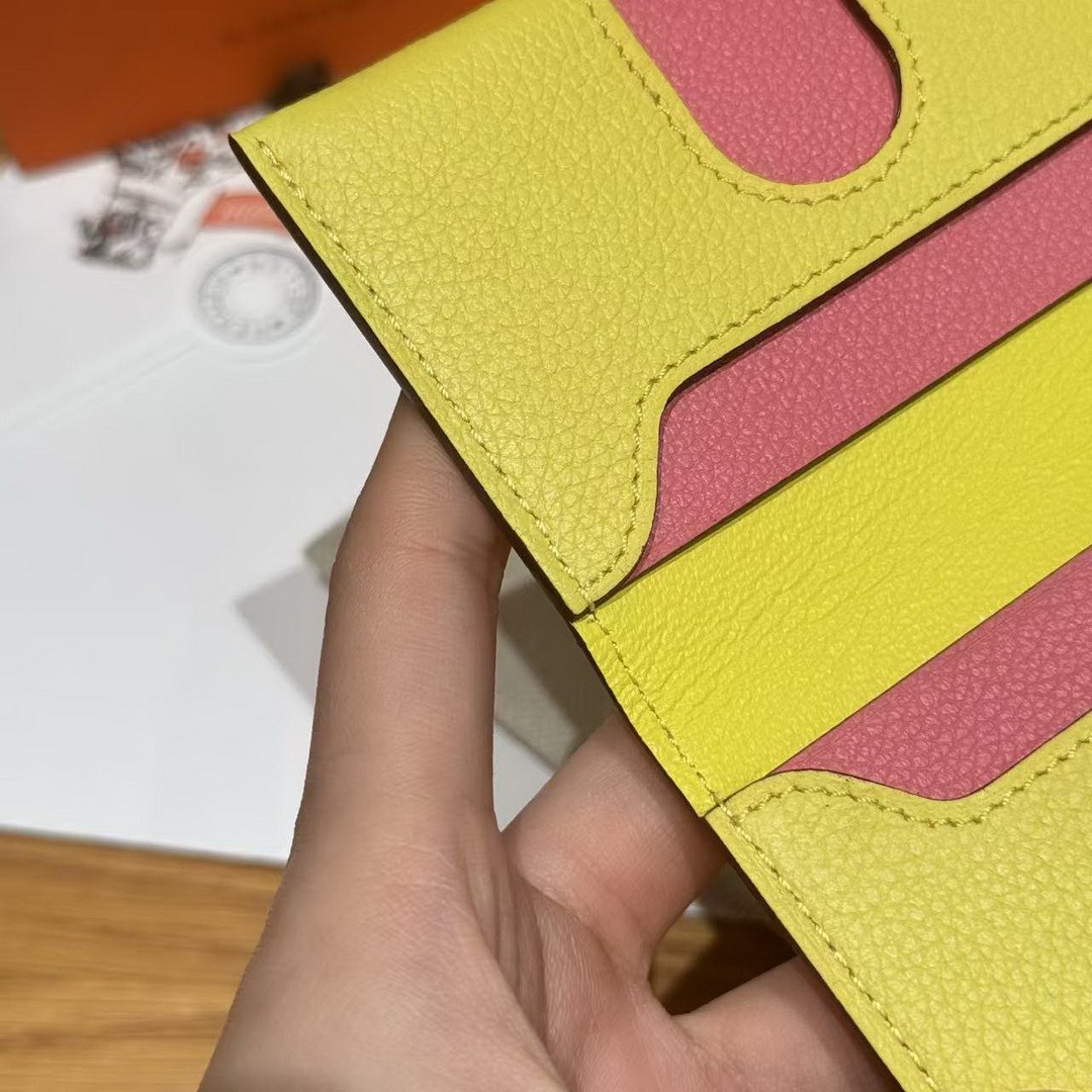 Hermes R.M.S. Card Holder Handmade In Evecolor Calfskin Leather Enamel Fittings Hardware 9r Lime U5 Rose Lipstick - Image 4