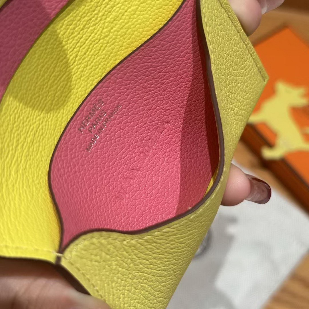 Hermes R.M.S. Card Holder Handmade In Evecolor Calfskin Leather Enamel Fittings Hardware 9r Lime U5 Rose Lipstick - Image 11
