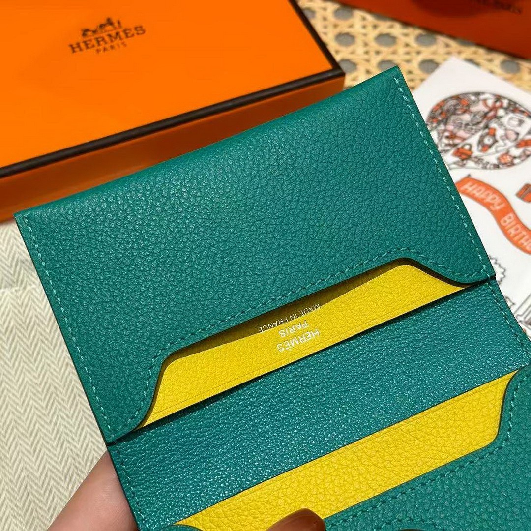 Hermes R.M.S. Card Holder Handmade In Evecolor Calfskin Leather Enamel Fittings Hardware 6u Vert D'Eau 9o Jaune De Naples - Image 4