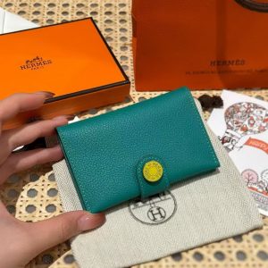 Hermes R.M.S. Card Holder Handmade In Evecolor Calfskin Leather Enamel Fittings Hardware 6u Vert D'Eau 9o Jaune De Naples