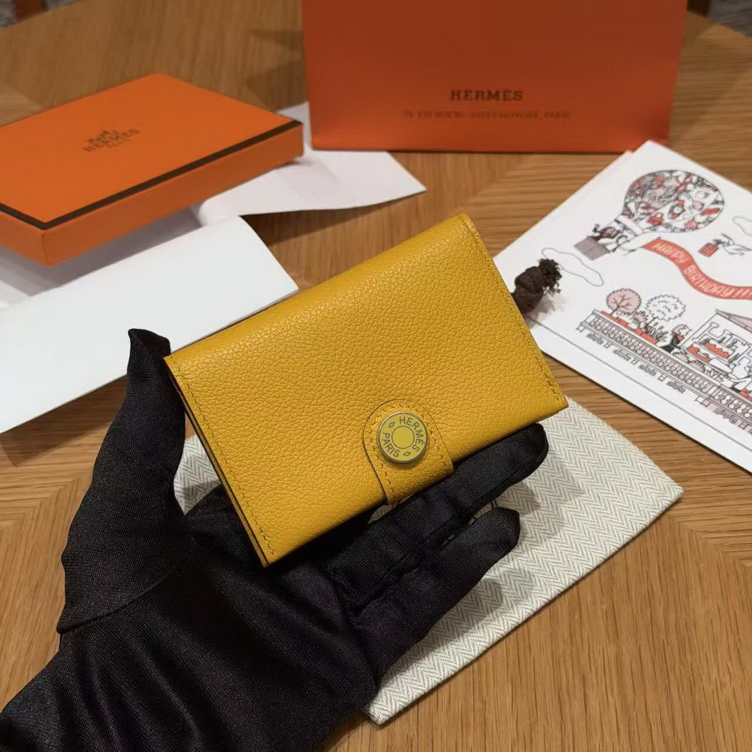 Hermes R.M.S. Card Holder Handmade In Evecolor Calfskin Leather Enamel Fittings Hardware 9D Jaune Ambre 9O Jaune Naples