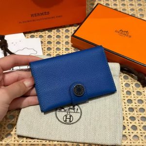 Hermes R.M.S. Card Holder Handmade In Evecolor Calfskin Leather Enamel Fittings Hardware 71 Bleu France 2Z Blue Nuit