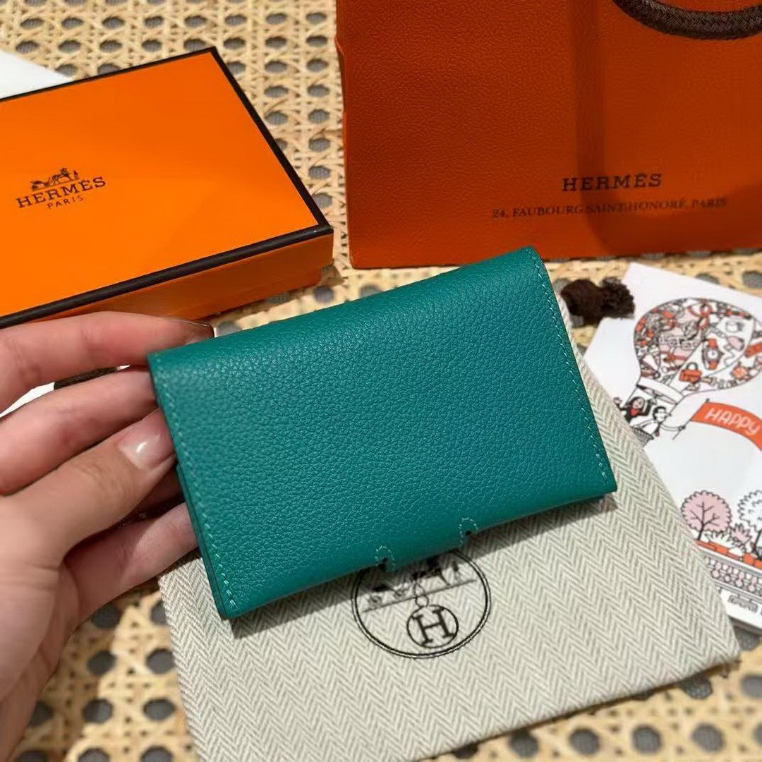 Hermes R.M.S. Card Holder Handmade In Evecolor Calfskin Leather Enamel Fittings Hardware 6u Vert D'Eau 9o Jaune De Naples - Image 2
