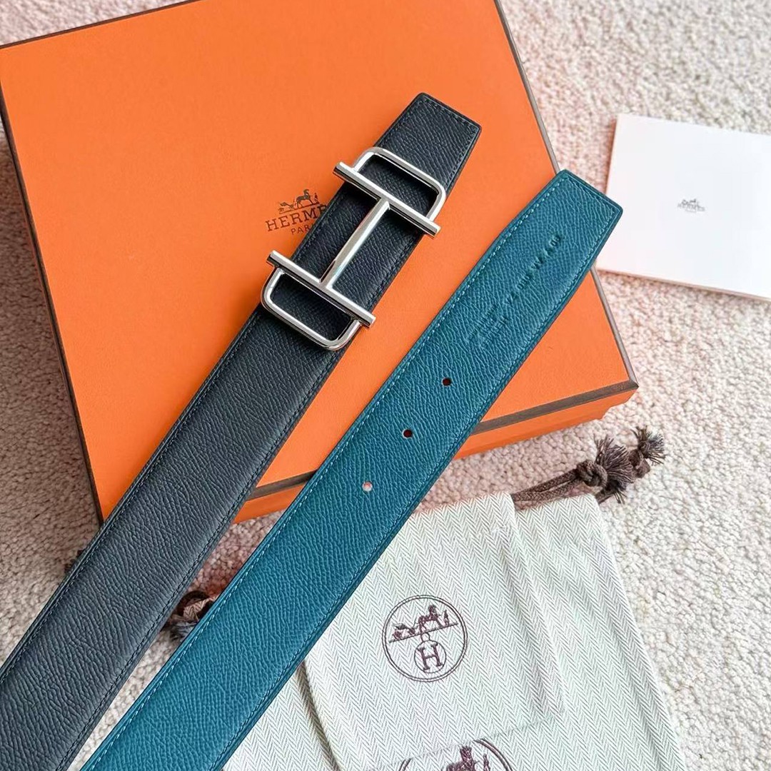Hermes Royal Belt Buckle & Reversible Leather Strap 38 mm Epsom Calfskin Palladium Buckle Silver Bleu De Prusse Noir - Image 3