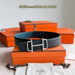 Hermes Royal Belt Buckle & Reversible Leather Strap 38 mm Epsom Calfskin Palladium Buckle Silver Bleu De Prusse Noir - Image 4