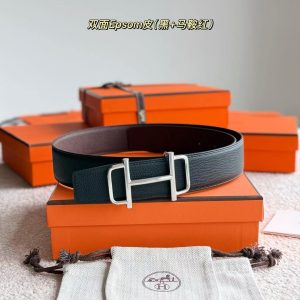 Hermes Royal Belt Buckle & Reversible Leather Strap 38 mm Epsom Calfskin Palladium Buckle Silver Noir Rouge Sellier - Image 4