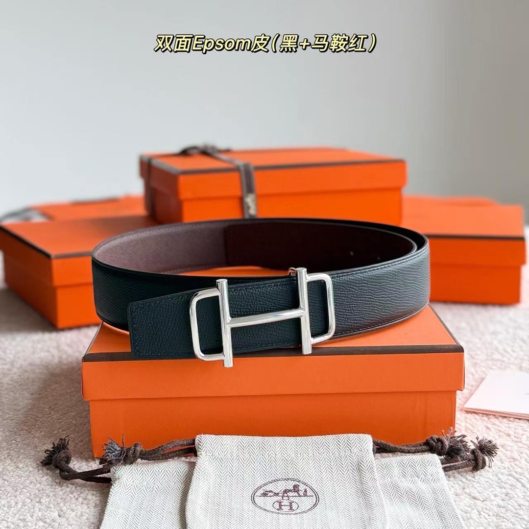 Hermes Royal Belt Buckle & Reversible Leather Strap 38 mm Epsom Calfskin Palladium Buckle Silver Noir Rouge Sellier - Image 4