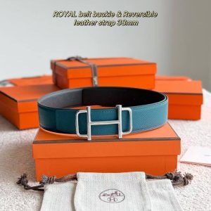 Hermes Royal Belt Buckle & Reversible Leather Strap 38 mm Epsom Calfskin Palladium Buckle Silver Bleu De Prusse Noir