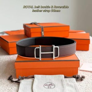 Hermes Royal Belt Buckle & Reversible Leather Strap 38 mm Epsom Calfskin Palladium Buckle Silver Noir Rouge Sellier