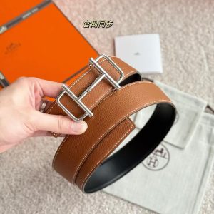 Hermes Royal Belt Buckle & Reversible Leather Strap 38 mm Box 135 and Togo Calfskin Palladium Buckle Silver Gold Noir - Image 5