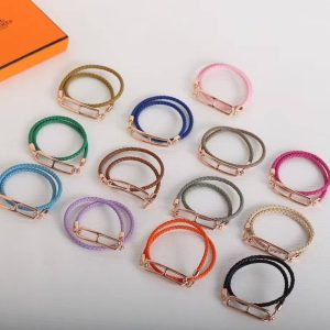 Alternative view of Hermes Roulis Double Tour Bracelet Rose Gold Swift Calfskin and Metal Étoupe H071727FO18T2