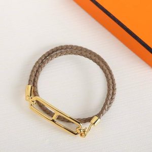 Hermes Roulis Double Tour Bracelet Rose Gold Swift Calfskin and Metal Étoupe H071727FO18T2 - Image 8