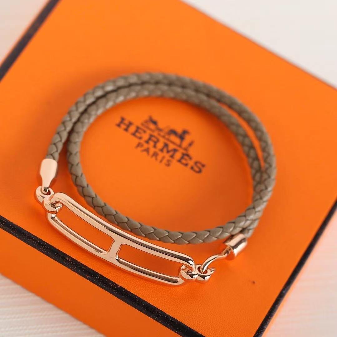 Hermes Roulis Double Tour Bracelet Rose Gold Swift Calfskin and Metal Étoupe H071727FO18T2 - Image 7