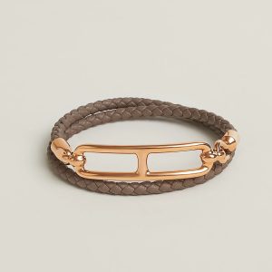 Hermes Roulis Double Tour Bracelet Rose Gold Swift Calfskin and Metal Étoupe H071727FO18T2