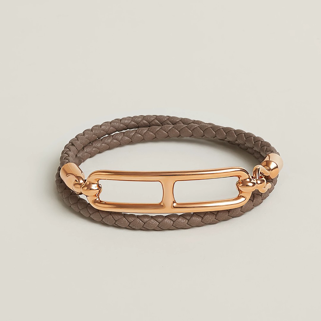 Hermes Roulis Double Tour Bracelet Rose Gold Swift Calfskin and Metal Étoupe H071727FO18T2