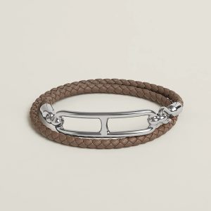 Hermes Roulis Double Tour Bracelet Rose Gold Swift Calfskin and Metal Étoupe H071727FO18T2 - Image 4