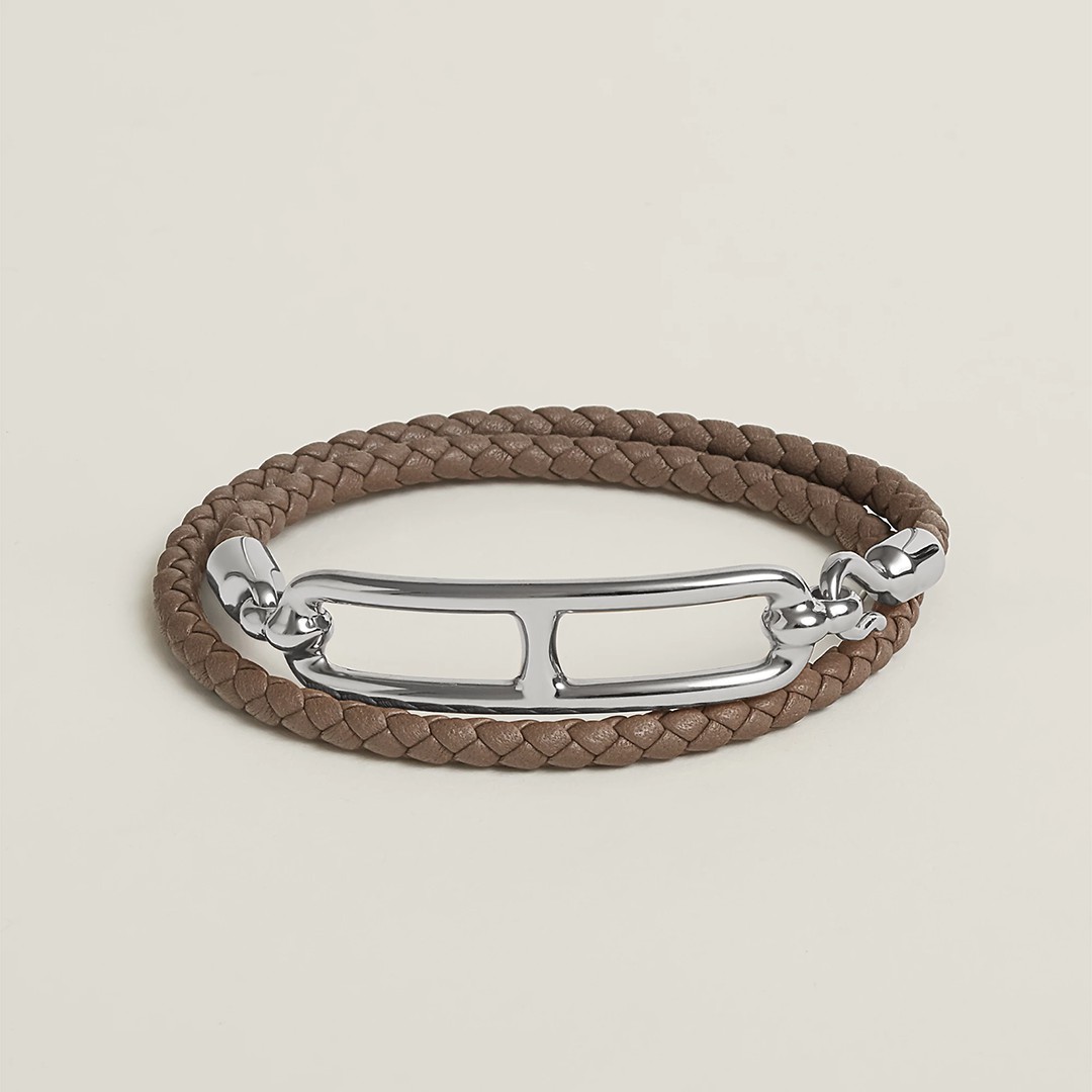 Hermes Roulis Double Tour Bracelet Rose Gold Swift Calfskin and Metal Étoupe H071727FO18T2 - Image 4