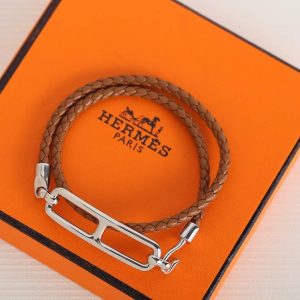 Alternative view of Hermes Roulis Double Tour Bracelet Rose Gold Swift Calfskin and Metal Gold H071727FO37T2