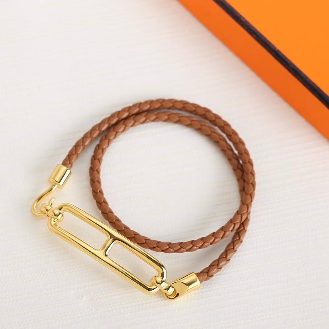 Hermes Roulis Double Tour Bracelet Rose Gold Swift Calfskin and Metal Gold H071727FO37T2 - Image 10