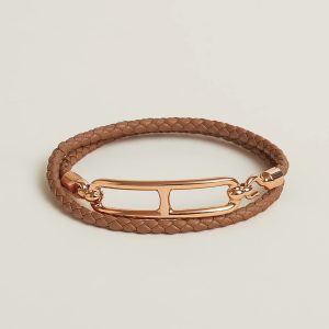 Hermes Roulis Double Tour Bracelet Rose Gold Swift Calfskin and Metal Gold H071727FO37T2