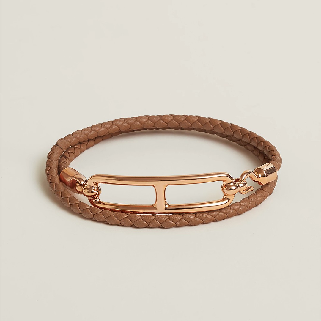 Hermes Roulis Double Tour Bracelet Rose Gold Swift Calfskin and Metal Gold H071727FO37T2