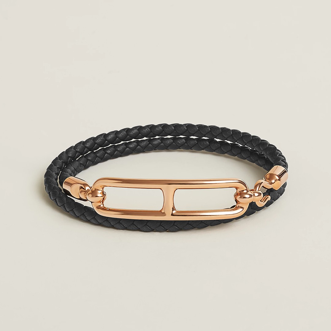 Hermes Roulis Double Tour Bracelet Rose Gold Swift Calfskin and Metal Noir H071727FO89T2