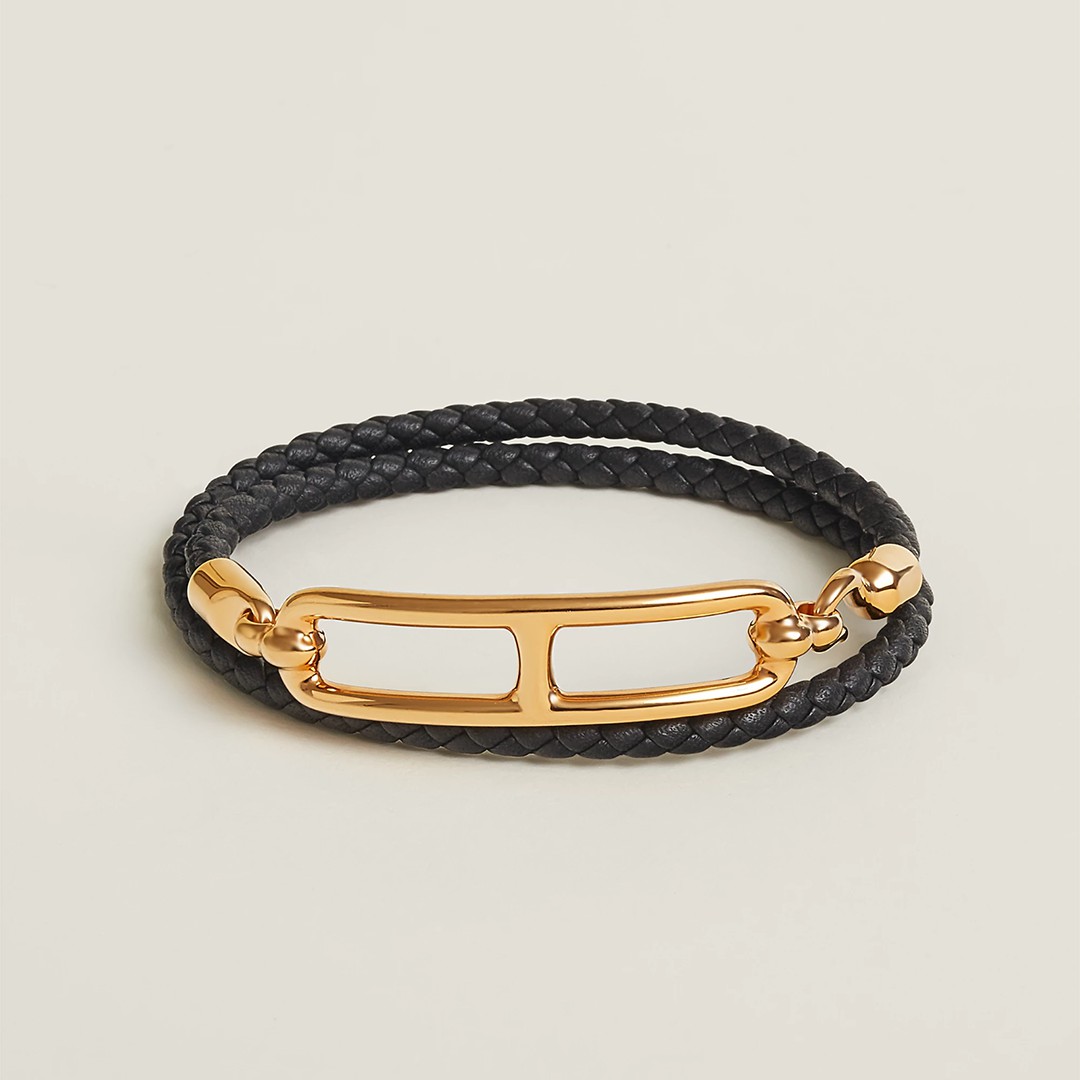 Hermes Roulis Double Tour Bracelet Rose Gold Swift Calfskin and Metal Noir H071727FO89T2 - Image 4