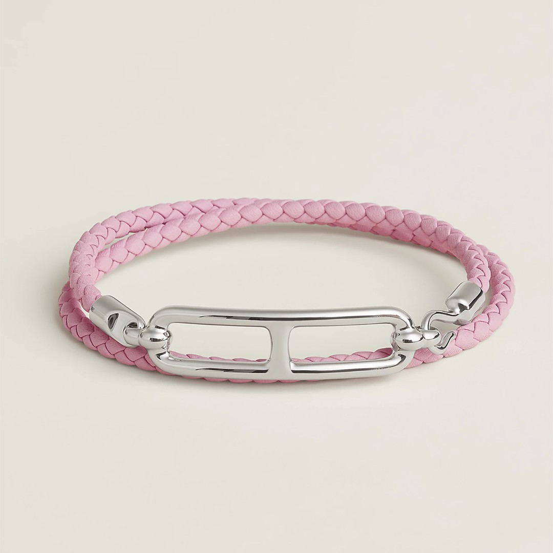 Hermes Roulis Double Tour Bracelet Silver Swift Calfskin and Metal Mauve Sylvestre H071727FPX9T1