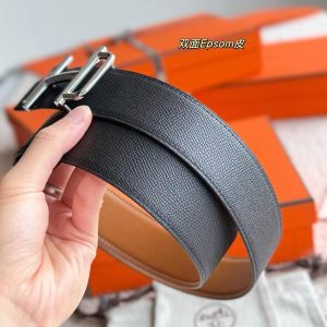 Hermes Royal Belt Buckle & Reversible Leather Strap 38 mm Epsom Calfskin Palladium Buckle Silver Gold Noir - Image 4