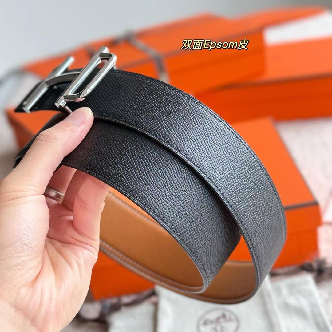 Hermes Royal Belt Buckle & Reversible Leather Strap 38 mm Epsom Calfskin Palladium Buckle Silver Gold Noir - Image 4