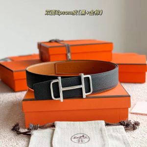 Hermes Royal Belt Buckle & Reversible Leather Strap 38 mm Epsom Calfskin Palladium Buckle Silver Gold Noir - Image 3