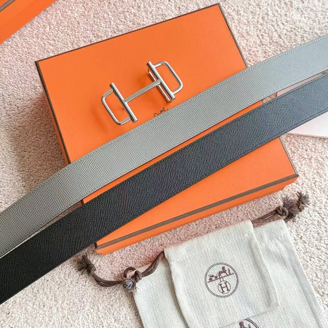 Hermes Royal Belt Buckle & Reversible Leather Strap 38 mm Epsom Calfskin Palladium Buckle Silver Noir Gris Meyer - Image 2