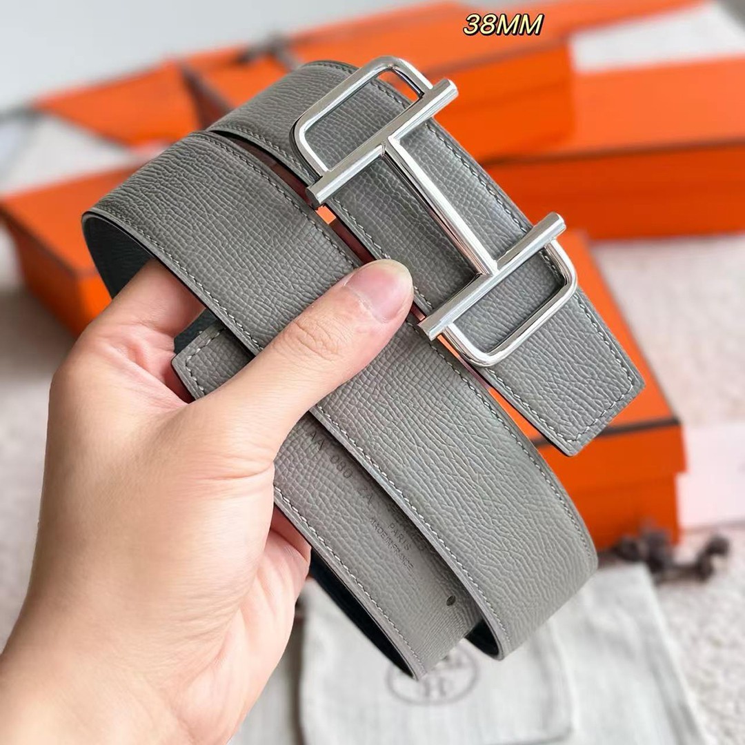Hermes Royal Belt Buckle & Reversible Leather Strap 38 mm Epsom Calfskin Palladium Buckle Silver Noir Gris Meyer - Image 6