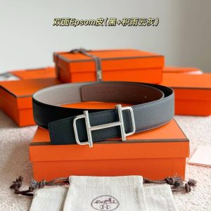 Hermes Royal Belt Buckle & Reversible Leather Strap 38 mm Epsom Calfskin Palladium Buckle Silver Noir Gris Meyer - Image 4