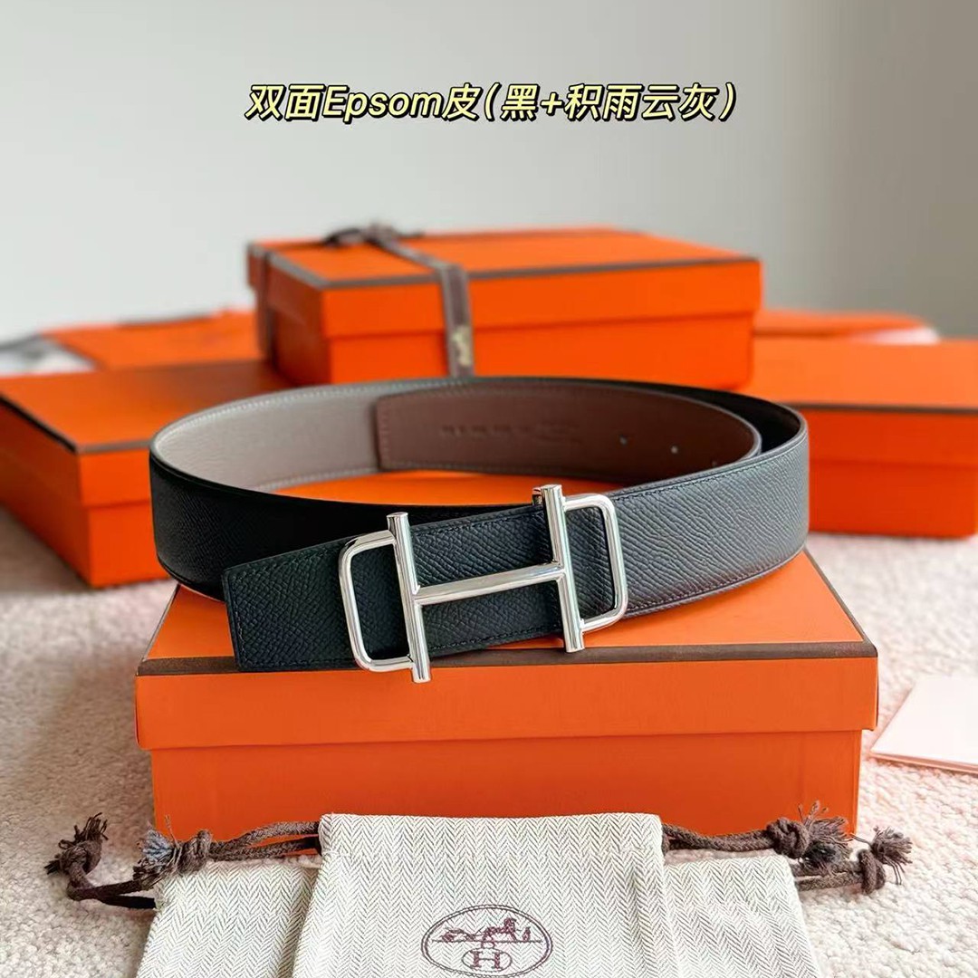 Hermes Royal Belt Buckle & Reversible Leather Strap 38 mm Epsom Calfskin Palladium Buckle Silver Noir Gris Meyer - Image 4