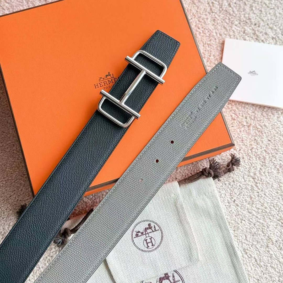 Hermes Royal Belt Buckle & Reversible Leather Strap 38 mm Epsom Calfskin Palladium Buckle Silver Noir Gris Meyer - Image 3