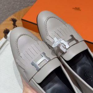 Hermes Royal Loafer Women Goatskin Sliver Buckle Pebble Beige - Image 10