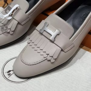 Hermes Royal Loafer Women Goatskin Sliver Buckle Pebble Beige - Image 9