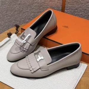 Hermes Royal Loafer Women Goatskin Sliver Buckle Pebble Beige - Image 5