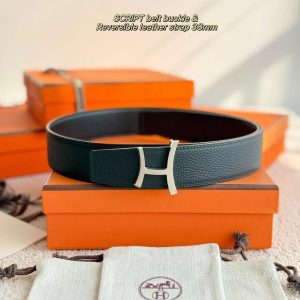 Hermes Script Belt Buckle & Reversible Leather Strap 38 mm Box 135 and Togo Calfskin Permabrass Buckle Yellow Gold Noir Noir - Image 5